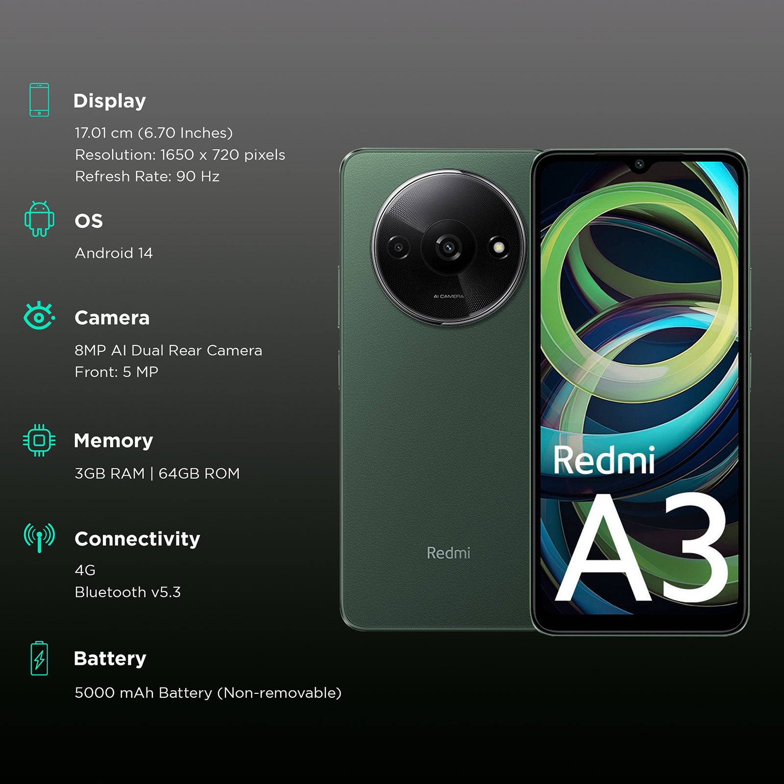 Buy Redmi A3 (3GB RAM, 64GB, Olive Green) online at best
